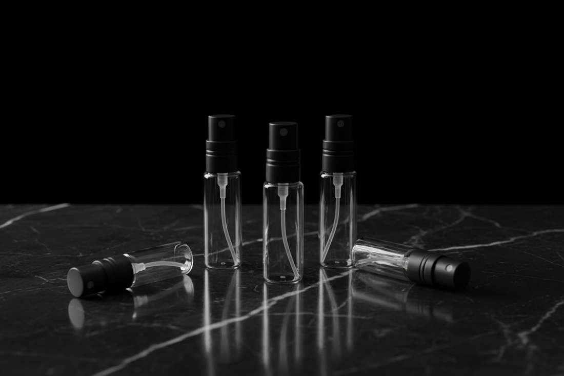Dekantacje perfum niszowych — małe flakoniki 5ml na czarnym marmurze
