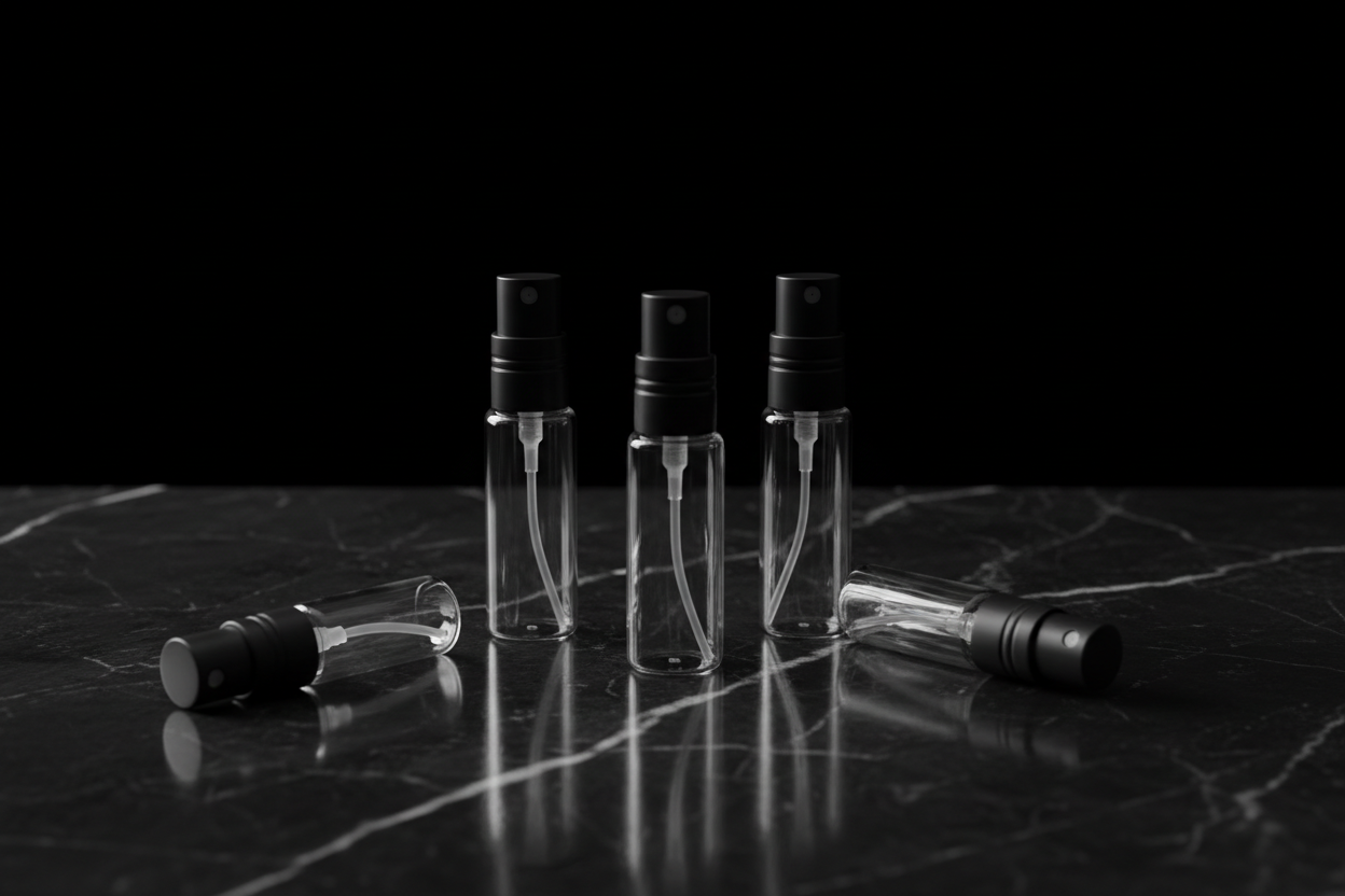 Dekantacje perfum niszowych — małe flakoniki 5ml na czarnym marmurze