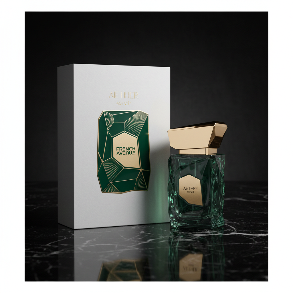 Aether Extrait – butelka i pudełko na czarnym marmurze